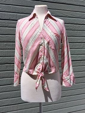 Pierre Cardin Pink and Green Striped Tie-Front Button Shirt